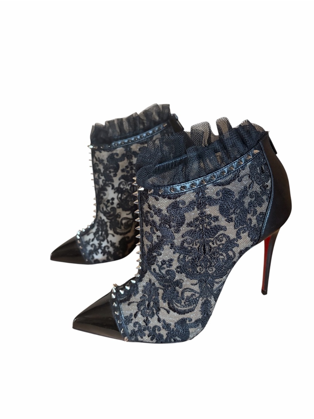 Christian Louboutin Pigalla Black Lace Ruffle Spike Ankle Boot - Picture 2 of 7